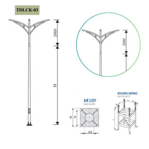 Cột Đèn rời cần đôi  5m 6m 7m 8m 9m 10m 11m TKLCK-03
