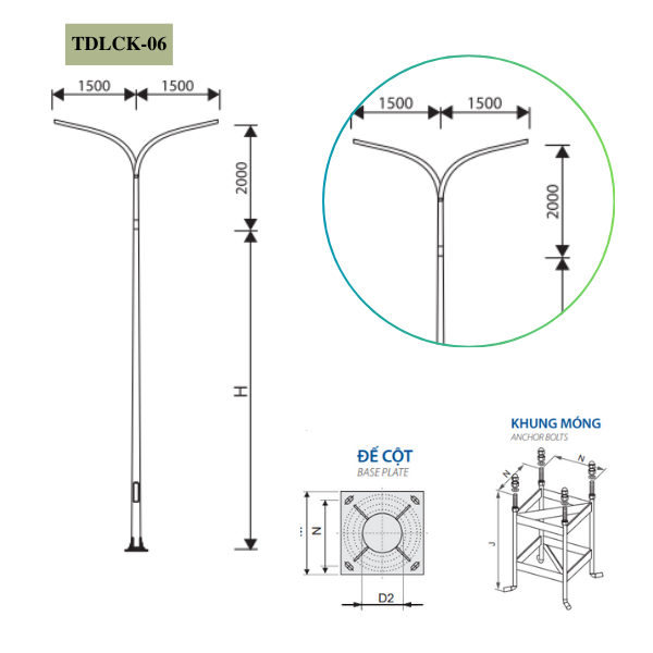 Cột Đèn rời cần đôi 5m 6m 7m 8m 9m 10m 11m TKLCK-06