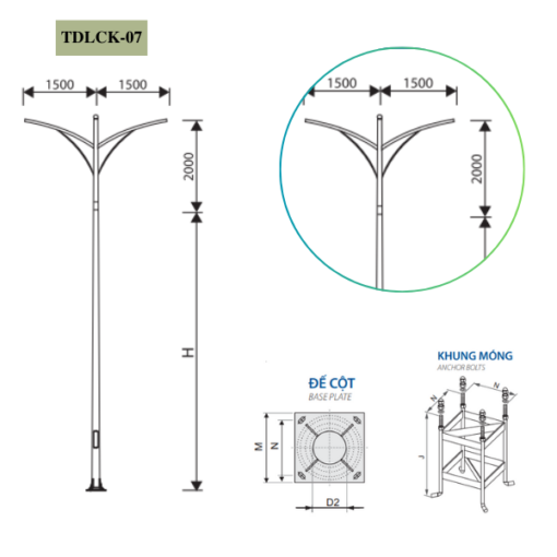 Cột Đèn rời cần đôi  5m 6m 7m 8m 9m 10m 11m TKLCK-07