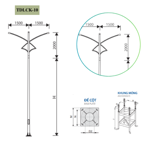 Cột Đèn rời cần đôi  5m 6m 7m 8m 9m 10m 11m TKLCK-10