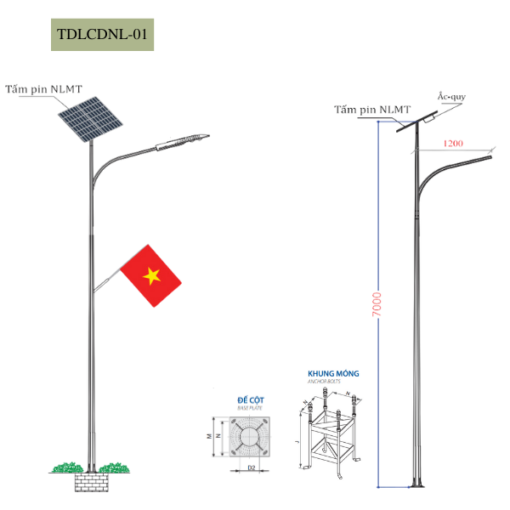 Cột Đèn năng lượng mặt trời  5m 6m 7m 8m 9m 10m 11m  TDLCDNL-01